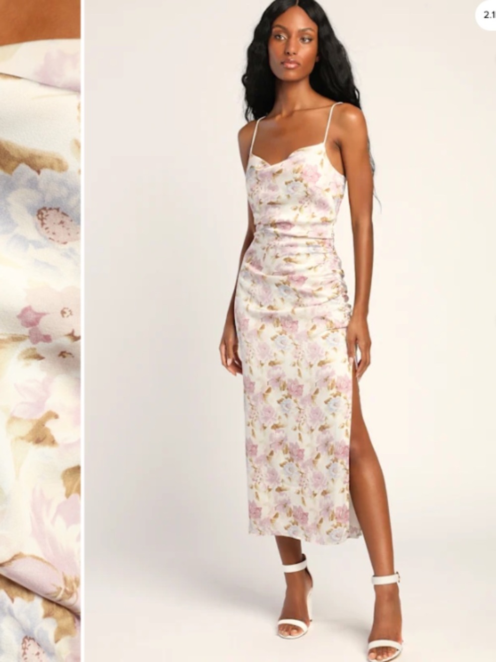 Lulu's Pink Floral Satin Slip Midi Dress with Gold & Cream Accents